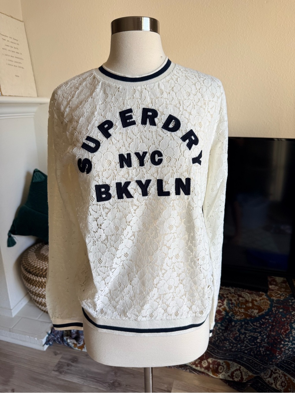 Superdry White Lace Crew Sweater with Navy Appliqué